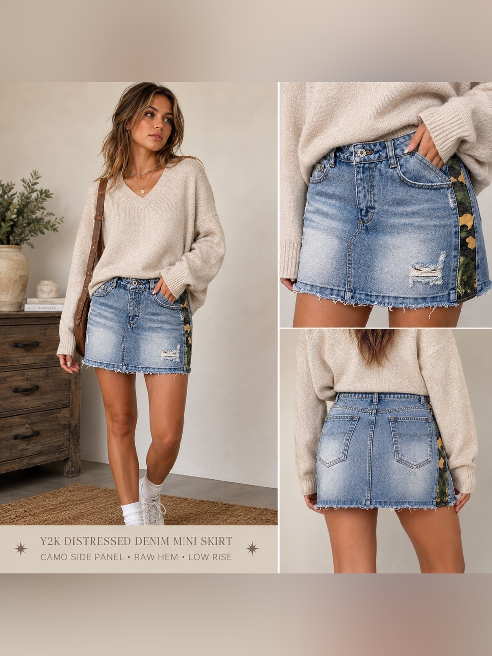 Y2K Distressed Denim Mini Skirt Camo Side Panel Raw Hem Low Rise Jean Skirt